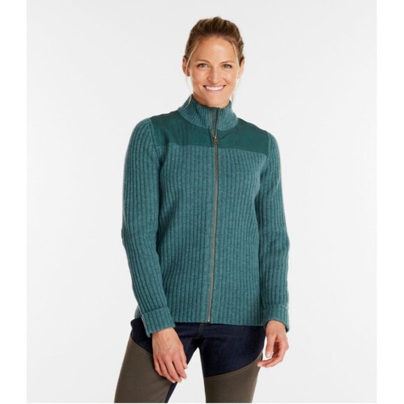 LL Bean Commando Sweater Womens M Reg Blue Green Merino Wool Full Zip Elbow Pads - Picture 1 of 12